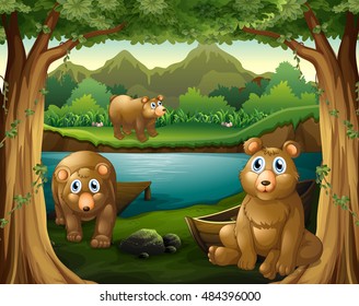 Three bears living by the river illustration