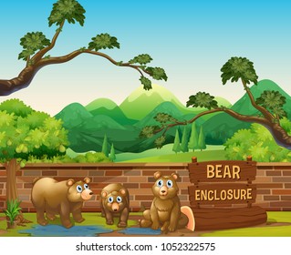 Tres osos en la ilustración del zoológico abierto