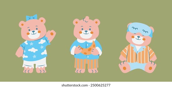 Three bears in pajamas, engaging in bedtime activities like waving, holding a toy moon, and wearing a sleep mask. Cute animal illustration.