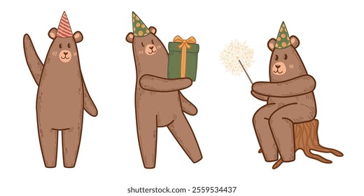 Three bears in party hats enjoying a celebration with gifts and sparklers. Whimsical woodland illustration for festive and playful projects. Perfect vector art for birthday themes or party decorations