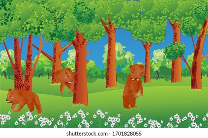 Three bears playing hide-and-seek on a glade of the forest. Vector illustration of a beautiful forest landscape.