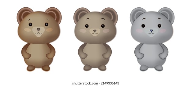 Three bears set, cute childish characters, 3d vector illustration isolated on white background. Kawaii smiling cartoon animals. Suitable for baby products, children's books, goods.