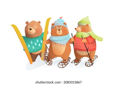 Three bears skiing in winter or Christmas holidays, Kids sticker character design. Cute bears for kids in winter clothes with skies, Christmas animals for children. Vector cartoon.