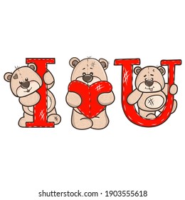 Three bears with slogan i love you and heart. Bear vector bear heart valentine hug love cartoon character