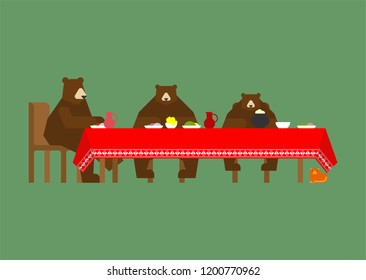 Three bears at table eating. Fabulous animals. Beast from a fairy tale
