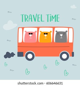 three bears traveling using car/bus in school trip. awesome t-shirt, mug, bag lunchbox, wallpaper, wrapper, poster and banner flat design for kids. vector illustration