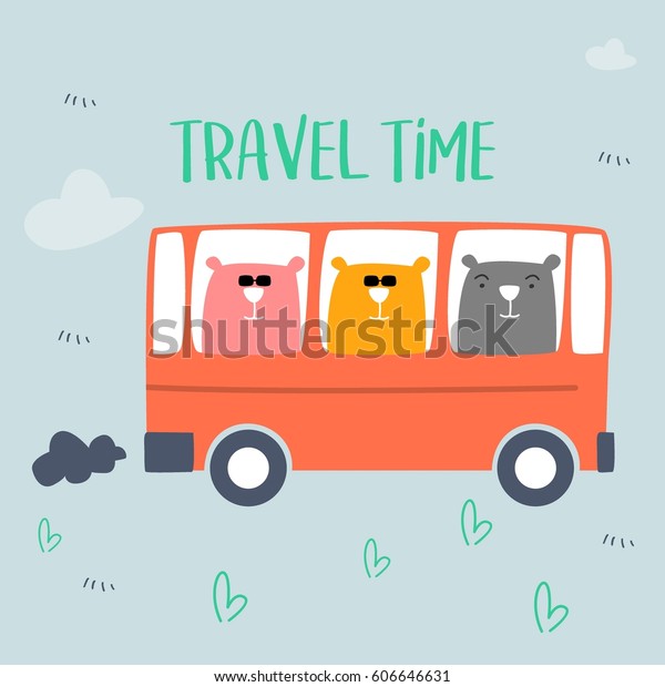 three bears traveling using\
car/bus in school trip. awesome t-shirt, mug, bag lunchbox,\
wallpaper, wrapper, poster and banner flat design for kids. vector\
illustration