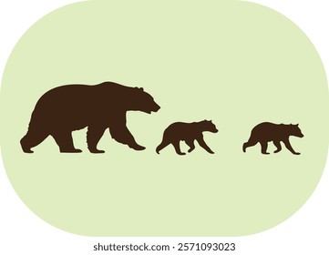 Three bears walking together. One is the biggest and the other two are smaller. They are walking on a green background