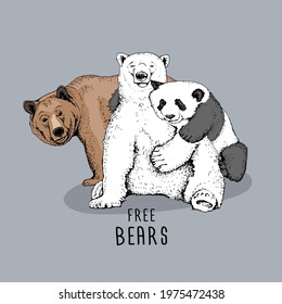 Three bears: white, brown and panda. Humor textile composition, hand drawn style print. Vector illustration.