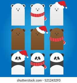 Three bears, white, brown, and panda, with cap and scarf