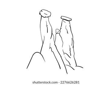 Three Beauties Cappadocia vector sketch, Hand drawn illustration of three fairy chimneys defined as father, mother and child Rock formations, central Anatolia, Turkey tourist attraction, line drawing