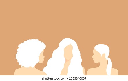 Three beautiful albino women on a soft orange background with copy space