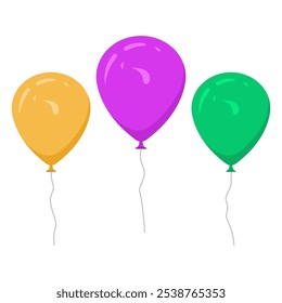 Three beautiful balloons of different colors isolated on white background, vector illustration, Commonly used for birthday parties