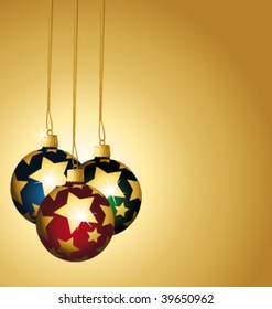 Three beautiful balls on a golden festive background. Vector illustration.
