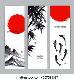 three beautiful banners with Japanese natural motifs. Sumi-e. hand-drawn illustration