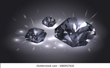Three beautiful black diamonds on a black background. Vector illustration.