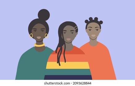 
three beautiful black girls with different hairstyles. trend illustration in flat style