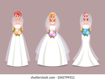 Three Beautiful Brides in Different Wedding Dresses. Vector Set 2 of 2