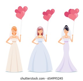 Three Beautiful Brides with Romantic Balloons. Vector Set