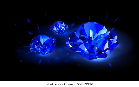 Three beautiful bright blue diamonds on a black background. Vector illustration.