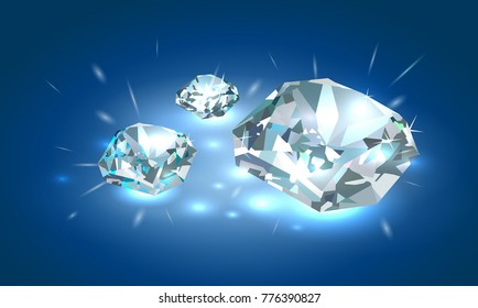Three beautiful bright white diamonds on a blue background. Vector illustration.