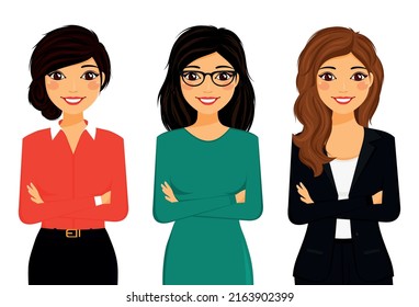 Three beautiful business women in elegant clothes. Flat style on a white background. Cartoon.