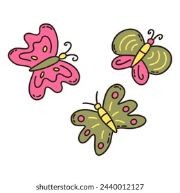 Three beautiful butterflies in green and pink colors. Vector isolated illustration hand drawn doodle. Cute moths set. Clip art, icon or card. Spring and summer season