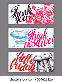 Three beautiful cards with good wishes. hand-drawn illustration