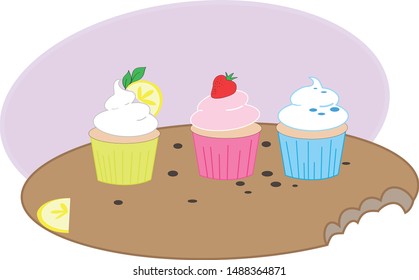 three beautiful colorful cupcakes, lemon strawberry and mint on a chocolate chip cookie