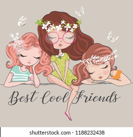 Three Beautiful Cute Girls Graphic Design.I Love My Best Friends.Vector Illustration.Hand Drawn Flat Line Art Style Girl For T-shirt Print,sticker,greeting Card,romantic Poster.Cartoon Characters.