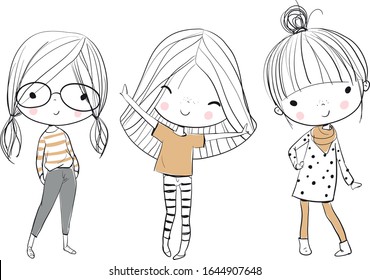 Three beautiful cute girls. Vector illustration.