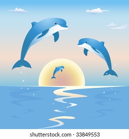 Three beautiful dolphins are jumping high out of the deep blue sea on a sunset over the horizon line