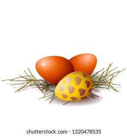 Three beautiful Easter eggs in the hay on a white background. Element for a card or banner for Easter. Isolate