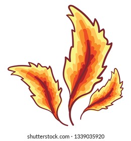 Three beautiful feather in shades of red and yellow color vector color drawing or illustration 