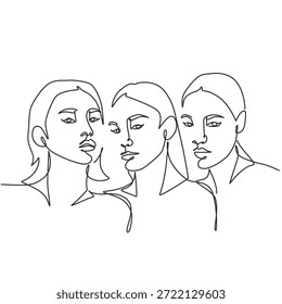 Three beautiful female faces one line drawing. Three beautiful female faces single line illustration. Three beautiful female faces minimalist line art. Three beautiful female faces vector art