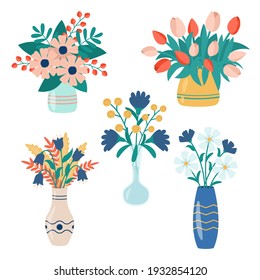 Three beautiful flowers in colorful vases. Vector set