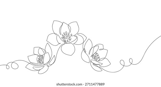 Three beautiful flowers in one continuous line. simple linear style. Doodle vector illustration.