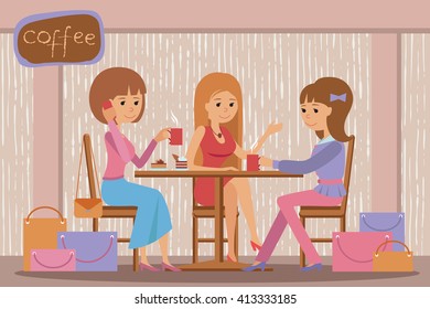 Three beautiful friends women with shopping packages talking friendly while drinking coffee, vector illustration.