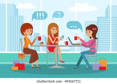 Three beautiful friends women with shopping packages talking friendly at coffee shop while drinking, vector illustration.