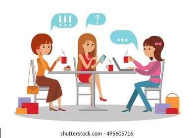 Three beautiful friends women with shopping packages talking friendly at coffee shop while drinking, vector illustration.