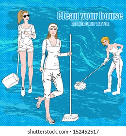 Three beautiful girls are cleaning