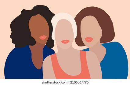 Three beautiful girls from different races stand together. Caucasian, African and Latin girls. Female friendship