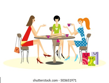 Three beautiful girls in dresses and heels talking at a round table with a cup of coffee in a cozy cafe. Vector illustration. Flat design.