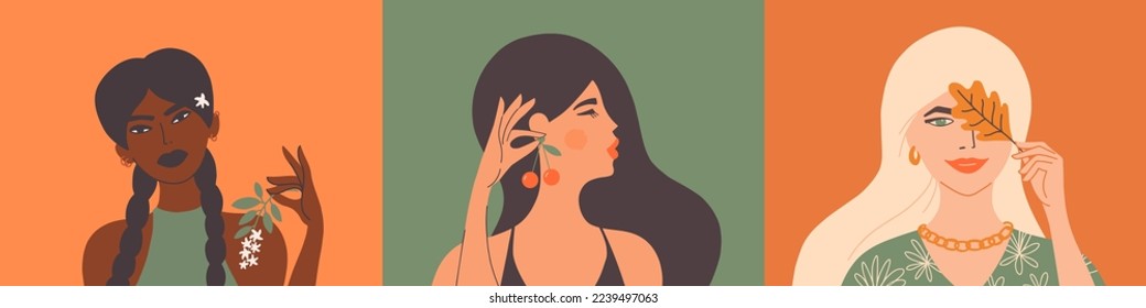 Tres chicas hermosas. Retratos aislados sobre el fondo del color. El pelo largo rubio y la hoja de roble. Mujer de piel oscura sosteniendo flores en mano. Mujer elegante con pendiente de cerezo. Ilustración vectorial de diversidad