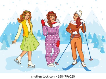 Three beautiful girls are smiling and relaxing in the mountains. Skating and skiing. They are dressed in different beautiful sportswear, snow is flying around