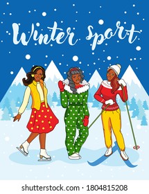 
Three beautiful girls are smiling and relaxing in the mountains. Skating and skiing. They are dressed in different beautiful sportswear, snow is flying around
