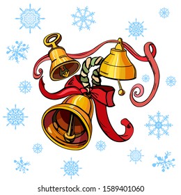 Three beautiful hand drawn ringing jingle bells with rope, red bow and ribbon, snowflakes isolated on the white background. Vector illustration for print, cards, posters, decoration.