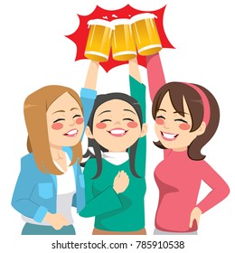 Three beautiful happy young women friends toasting with glass beer mug