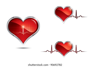 Three beautiful heart beats vector illustration.Steel style medical buttons