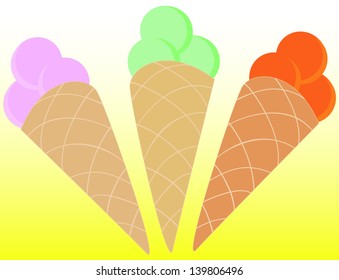 Three beautiful ice cream cones, different colors.